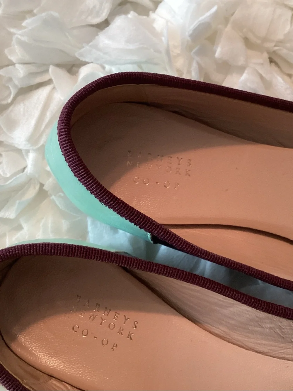 Barneys New York CO-OP Burgundy Ballet Flats with Mint Heel Accent